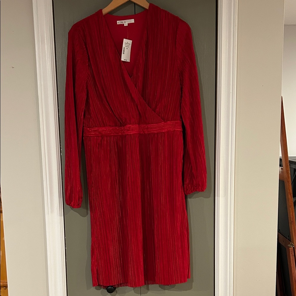 cleo Red Pleated Faux-Wrap Long Sleeve Midi Dress